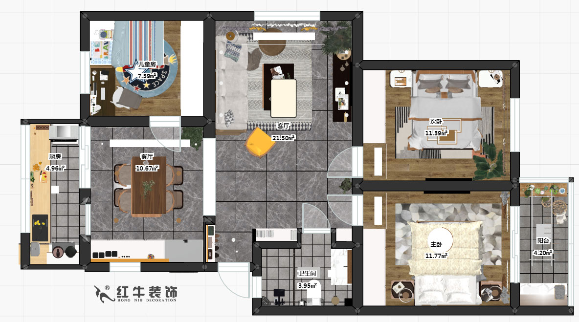 魏明花_南農(nóng)大72-101-95㎡-北歐風(fēng)格_3室2廳1衛(wèi)_成品家￥142000_全包14萬00彩平圖