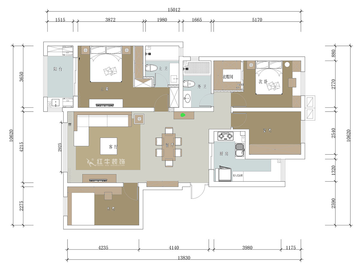 【實景案例】蔣琛｜紫金東郡2-302-135㎡-現(xiàn)代風格｜4室2廳2衛(wèi)｜定制家￥190562｜全包23萬｜00_02平面布置圖
