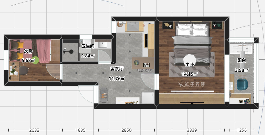 劉曉芳｜老虎頭41-701-50㎡-現(xiàn)代風格｜2室1廳1衛(wèi)｜老房裝修｜定制家￥88740｜全包8