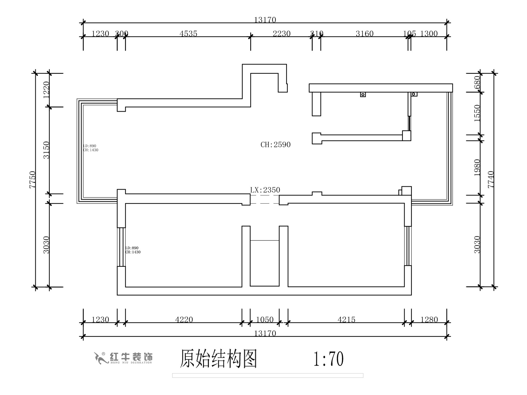 蔣?。旄@43-401-90㎡-現(xiàn)代簡約風(fēng)格｜2室1廳1衛(wèi)｜舊房裝修｜定制家￥122757｜全包12萬｜00_01原始結(jié)構(gòu)圖