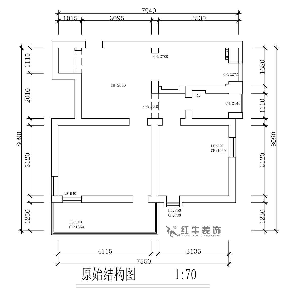 蔣?。珗@路44號(hào)小區(qū)3-204-60㎡-現(xiàn)代簡(jiǎn)約風(fēng)格｜2室1廳1衛(wèi)｜舊房裝修｜定制家｜全包10萬(wàn)｜00_01原始結(jié)構(gòu)圖