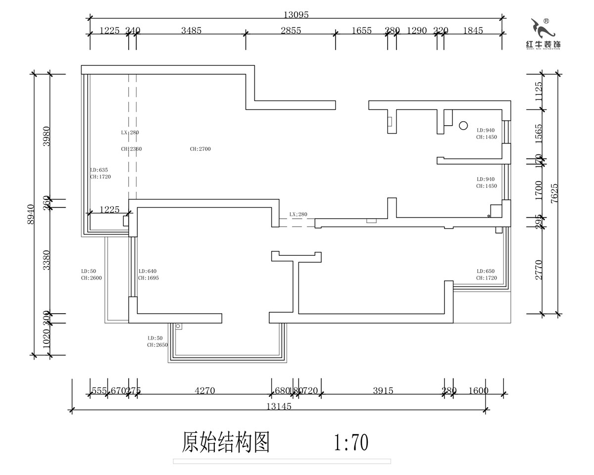 蔣?。霄沃腥A廣場11-601-110㎡-現(xiàn)代簡約風(fēng)格｜2室2廳1衛(wèi)｜舊房裝修｜定制家￥140400｜全包15萬｜00_01原始結(jié)構(gòu)圖