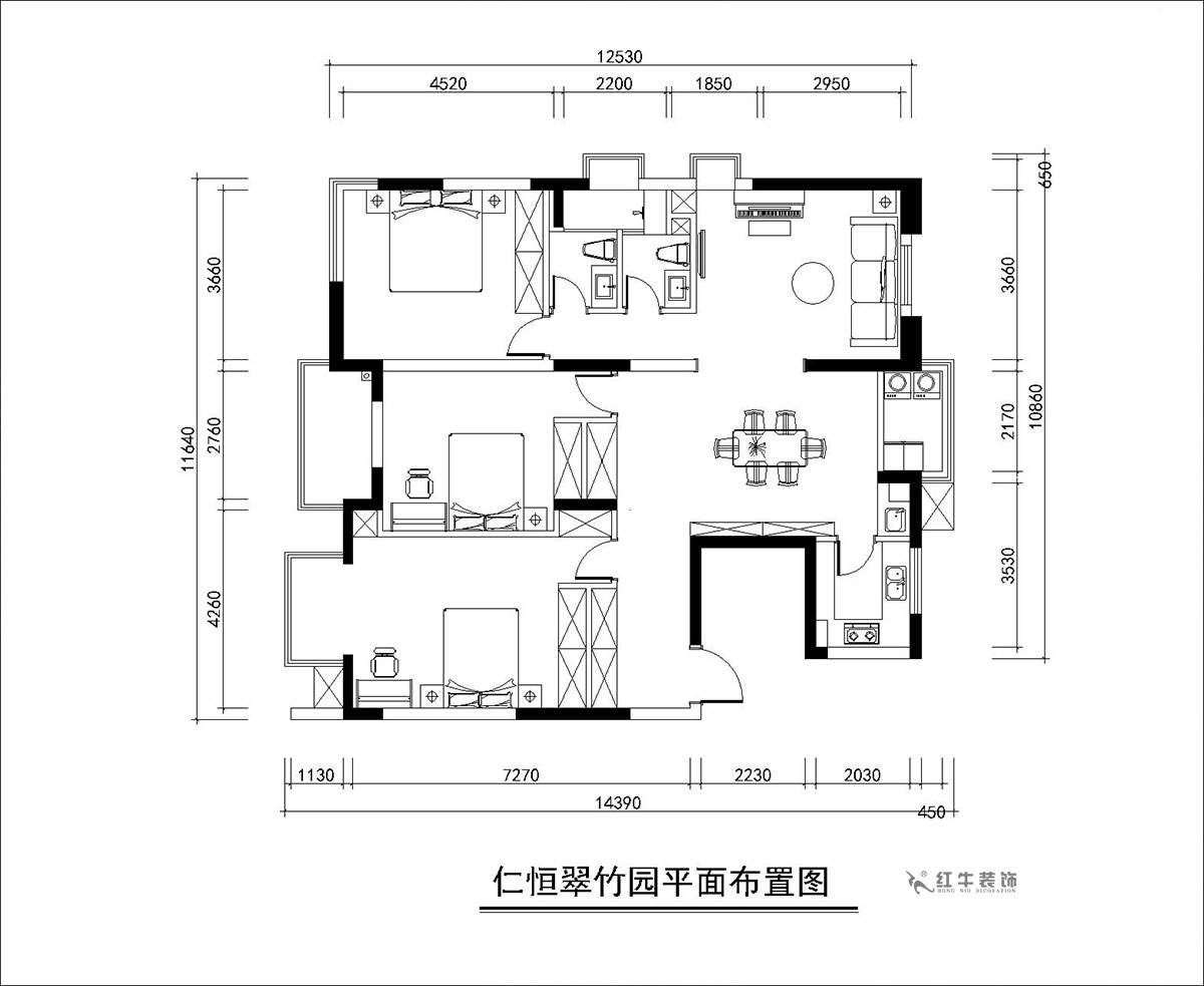 朱彥｜仁恒翠竹園26-204-130㎡-簡約風(fēng)格｜3室2廳2衛(wèi)｜老房裝修｜定制家｜全包20萬｜00_02平面布置圖