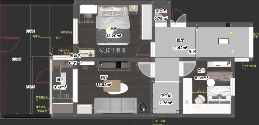 蔣?。驳吕?0號(hào)玻纖院小區(qū)14-103-65㎡-現(xiàn)代簡(jiǎn)約風(fēng)格｜3室1廳1衛(wèi)｜老房裝修｜定制家｜全包10萬(wàn)｜00_03平面彩圖