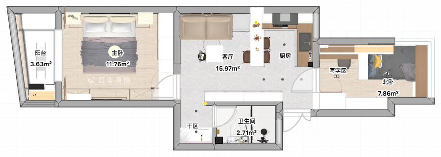 張智猿｜景明佳園拾景苑1-1-402-50㎡-現(xiàn)代風(fēng)格｜2室1廳1衛(wèi)｜老房裝修｜定制家｜全包12萬(wàn)｜00_04平面彩圖