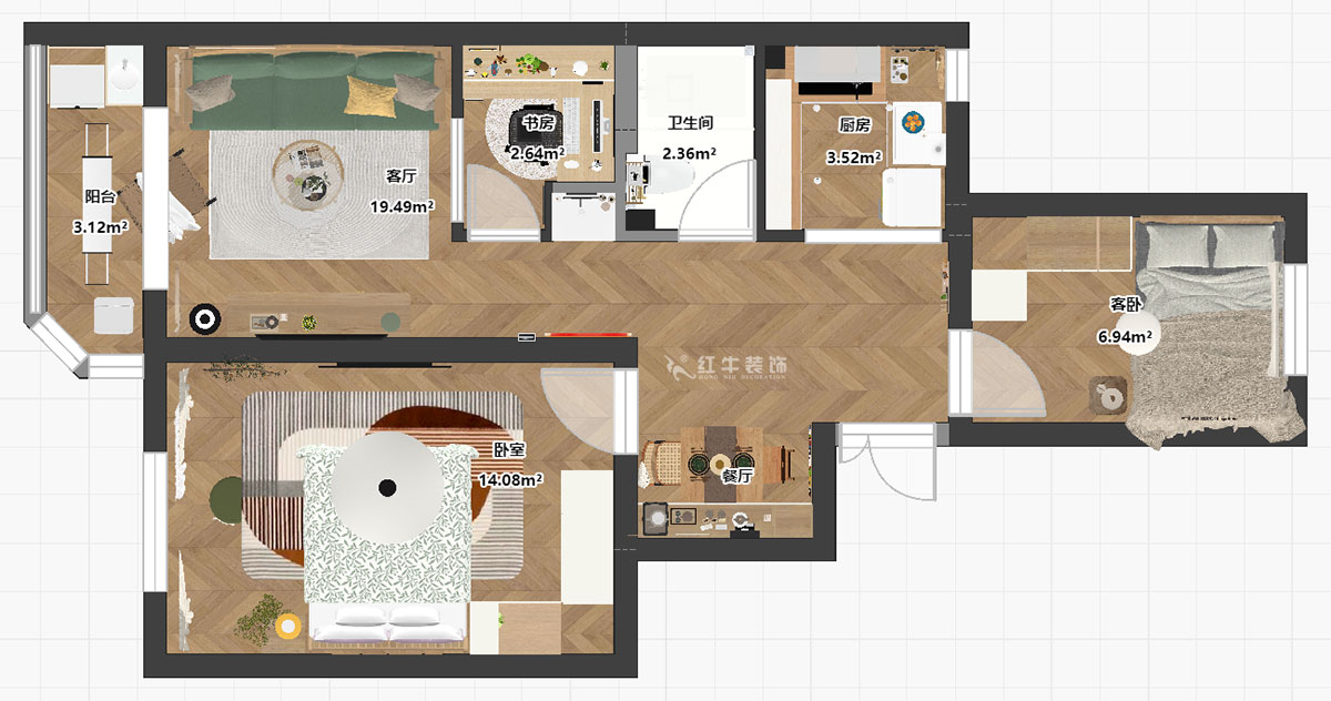 朱明琪｜評(píng)事街137號(hào)3-402-71㎡-原木風(fēng)格｜3室2廳1衛(wèi)｜老房改造｜定制家｜全包11萬(wàn)｜00_03平面彩圖