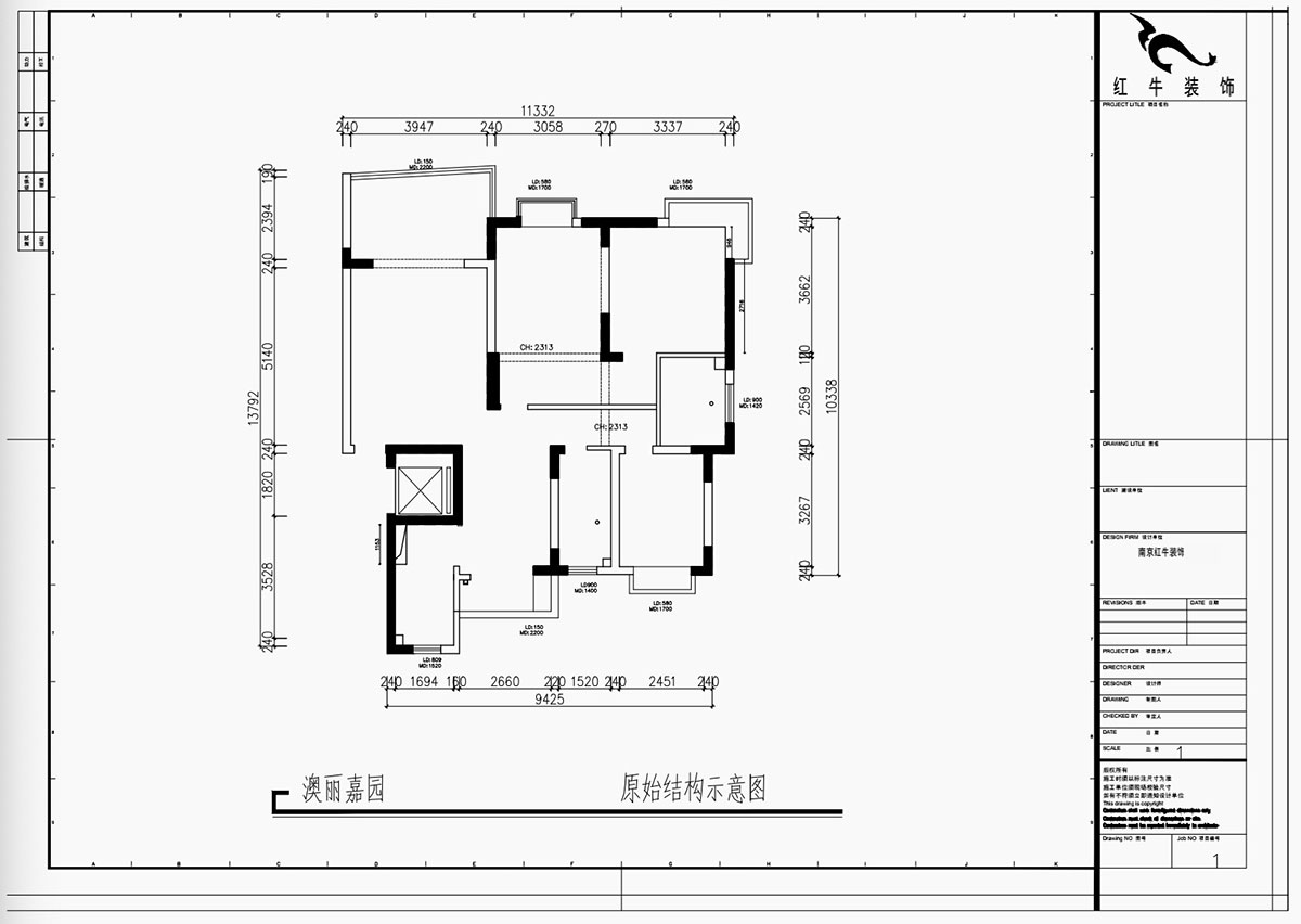 魏利利｜澳麗嘉園6-1004-128㎡-現(xiàn)代中古風(fēng)｜3室2廳2衛(wèi)｜老房改造｜定制家｜全包17萬(wàn)｜00_01原始結(jié)構(gòu)示意圖